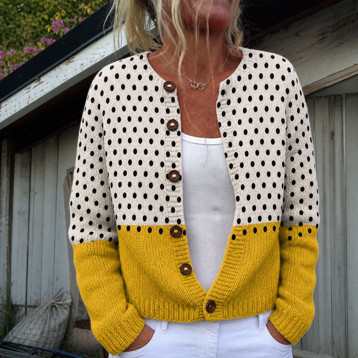 Karin | Gelber Cardigan mit geometrischen Punkten